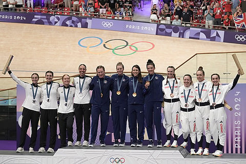 Paris Olympics Track Cycling women's team pursuit: Silver medallists team New Zealand, gold medallists team USA and bronze medallists team Britain